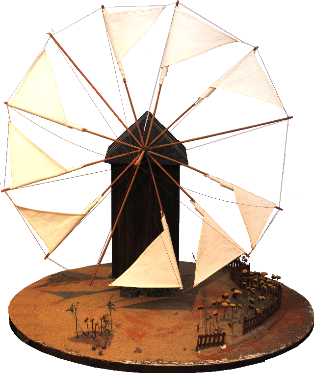 Modell einer Pfahlwindmühle in Bessarabien mit Segeln